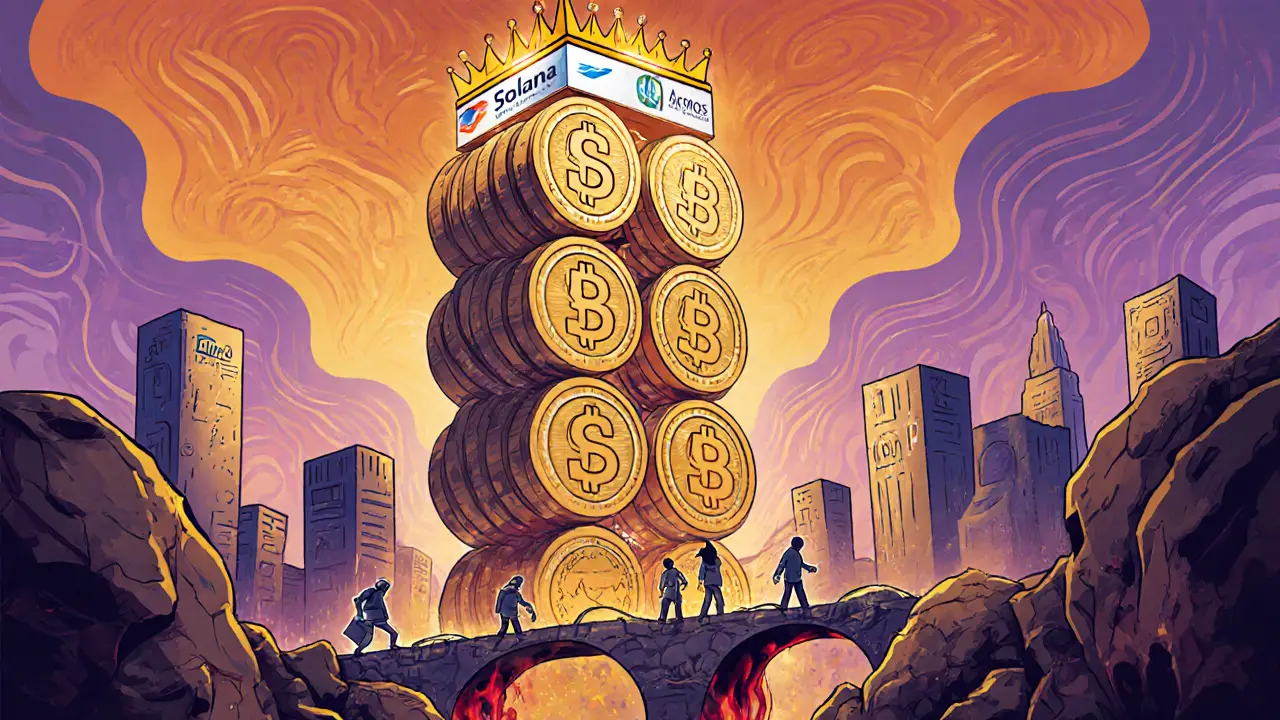 Massive Solana tower made of $SAROS tokens crowned by institutional logos, with users walking on liquidity bridges.