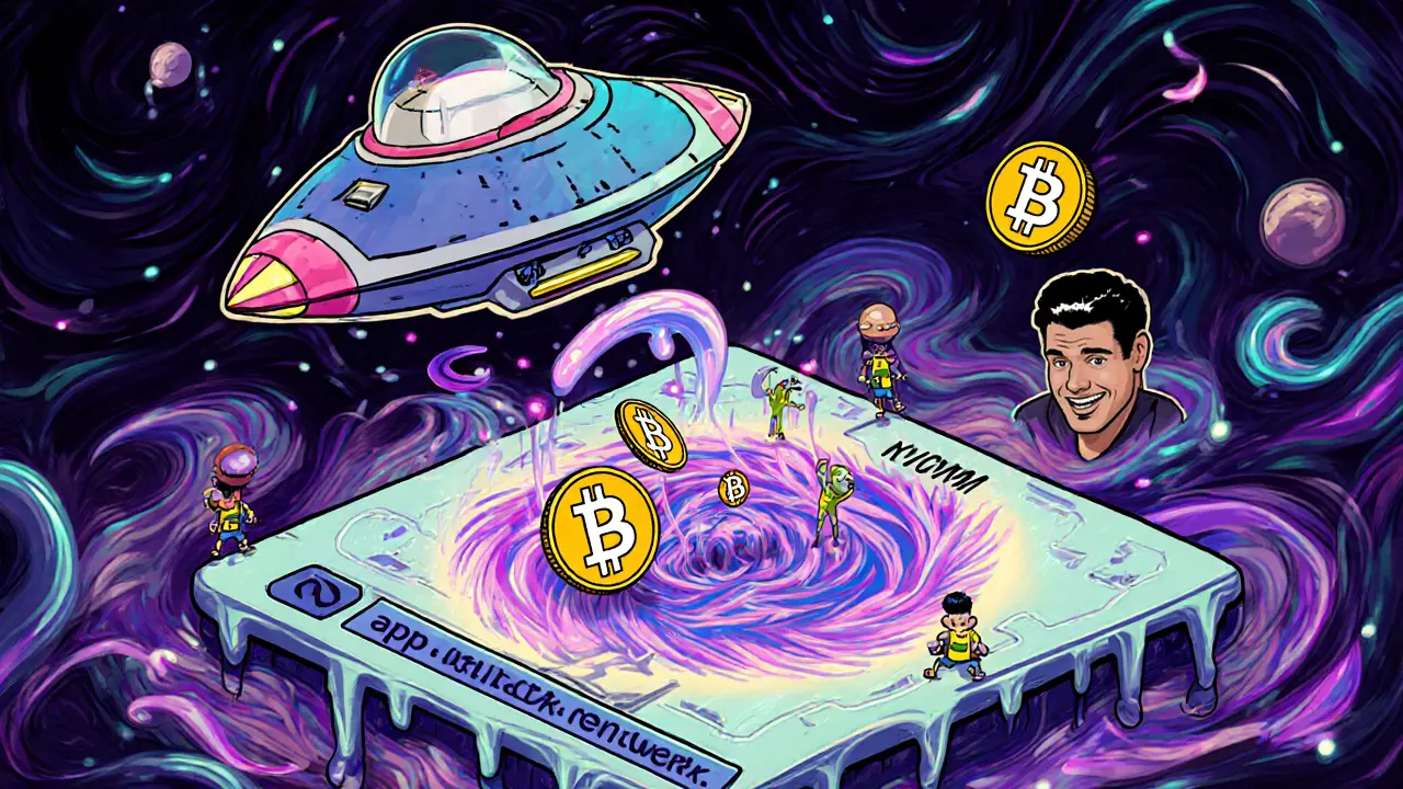 Retro-futuristic wallet swapping DOT for aUSD through a swirling AMM vortex, with centralized exchanges fading in background.