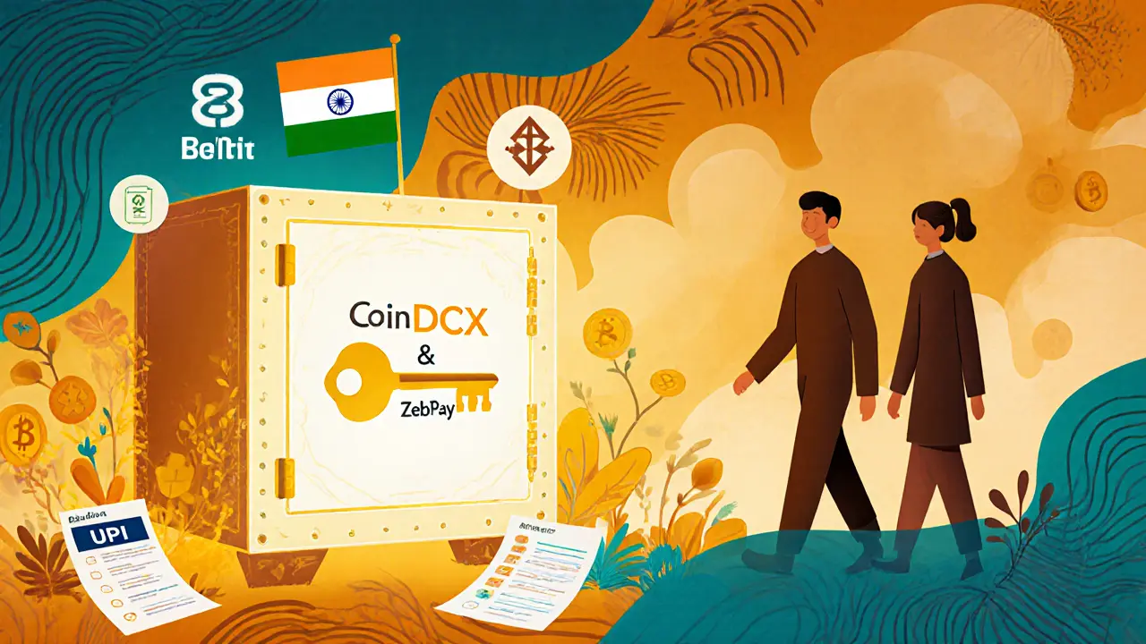 Safe vault labeled CoinDCX and ZebPay glows warmly as users walk through a compliant garden.