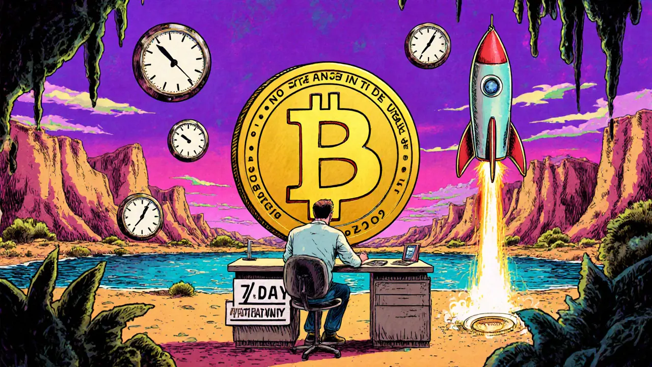 Trader surrounded by withdrawal clocks and empty liquidity pools, with a frowning DG token and ZkRollup rocket.