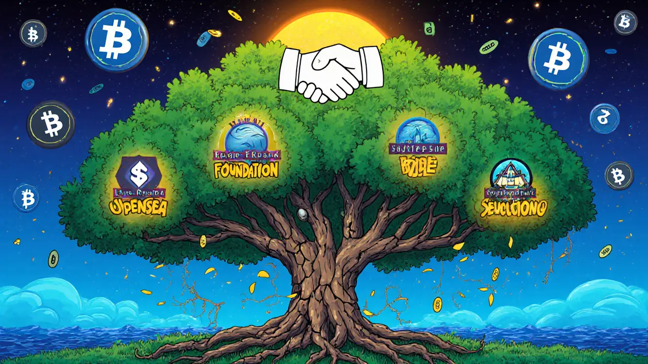 A blockchain tree with royalty-enforcing platforms glowing, while others wither, symbolizing the fight for fair creator payments.