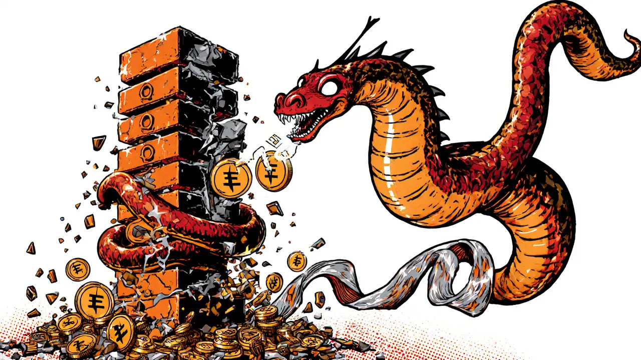 A serpent-like flash loan stabilizing a collapsing ETH collateral tower while repaying with DAI ribbons.