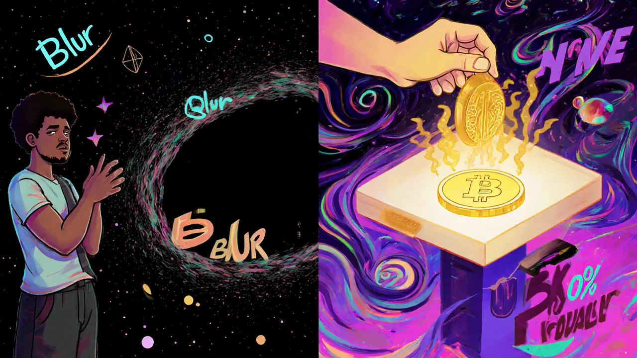 An artist watching an NFT disappear into a royalty-free black hole, while another NFT sends income on a compliant platform.