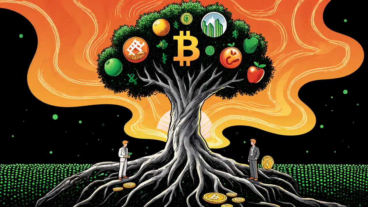 Blockchain tree with tokenized assets as fruit, surrounded by swirling psychedelic patterns and tiny traders below.