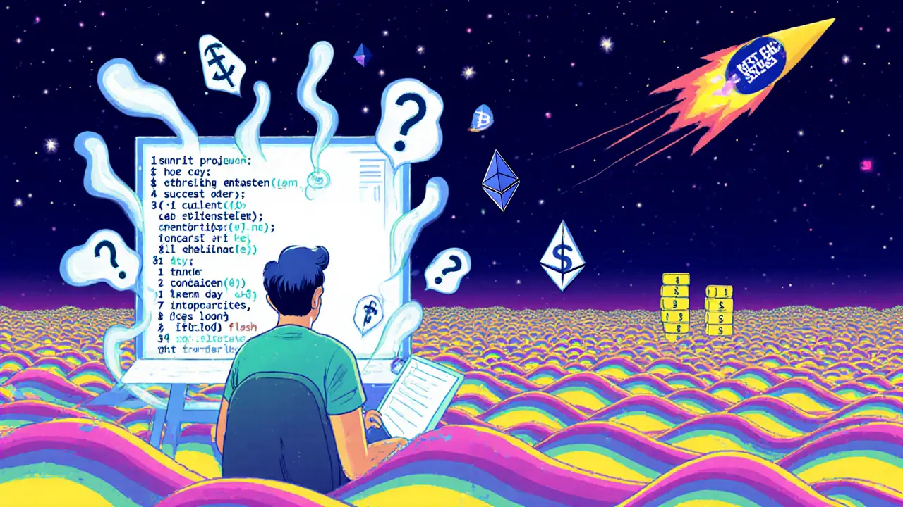 Developer surrounded by code and gas spikes as a successful flash loan zips away like a glowing comet.