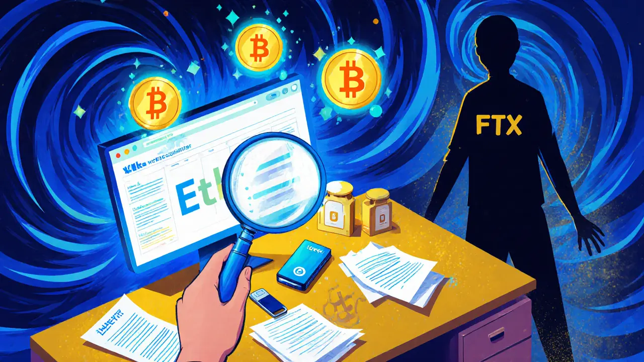 Investor checking blockchain balance with paper backups and hardware wallet amid swirling 1960s patterns