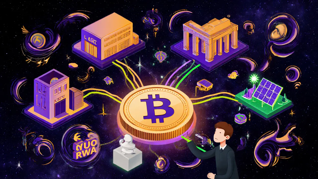 Investor holding Bitcoin that transforms into real-world assets like a warehouse and solar farm, connected by glowing threads.