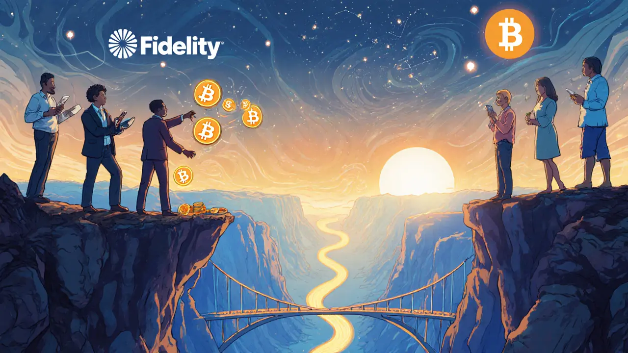 Investors build bridges of DCA across a Bitcoin price canyon, guided by glowing market indicators in the sky.