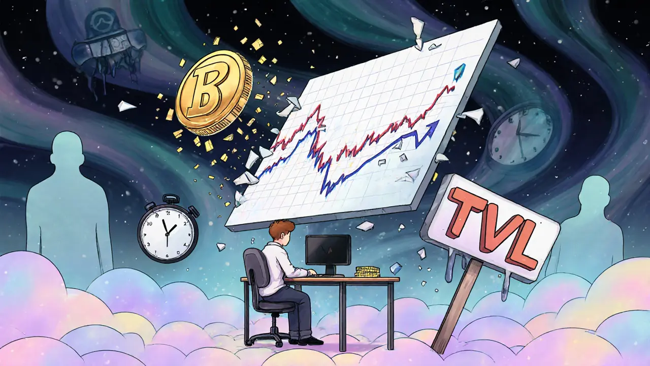 Lone trader surrounded by collapsing price charts and a crumbling RADIO token in swirling 1960s-inspired illustration.