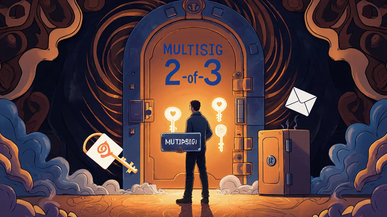 Person holding metal seed phrase plate before a multisig vault with three glowing keys in cosmic poster art