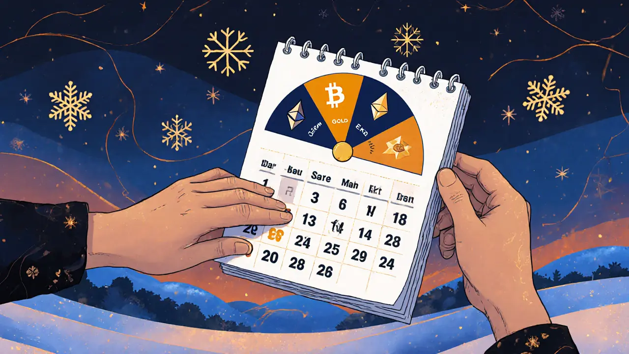 Quarterly portfolio rebalancing visualized as a floating wheel with crypto and gold segments being adjusted.