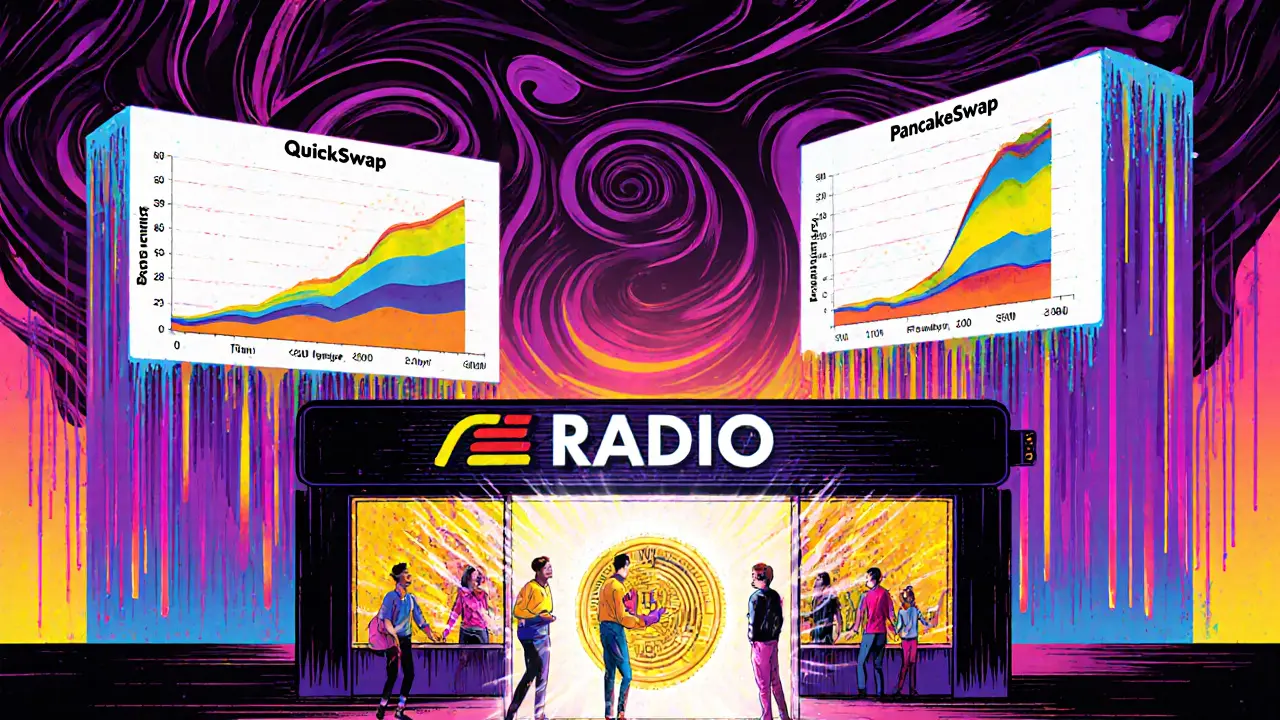 Retro RadioShack store turned into a crypto hub with giant competing DEXs towering over it in psychedelic art style.