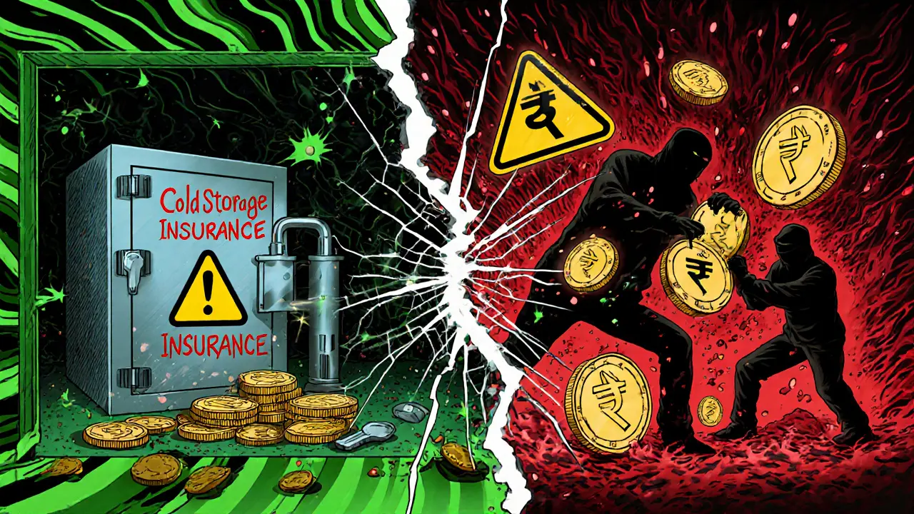 Secure crypto vault vs. hacker breach with M stolen coins in psychedelic style