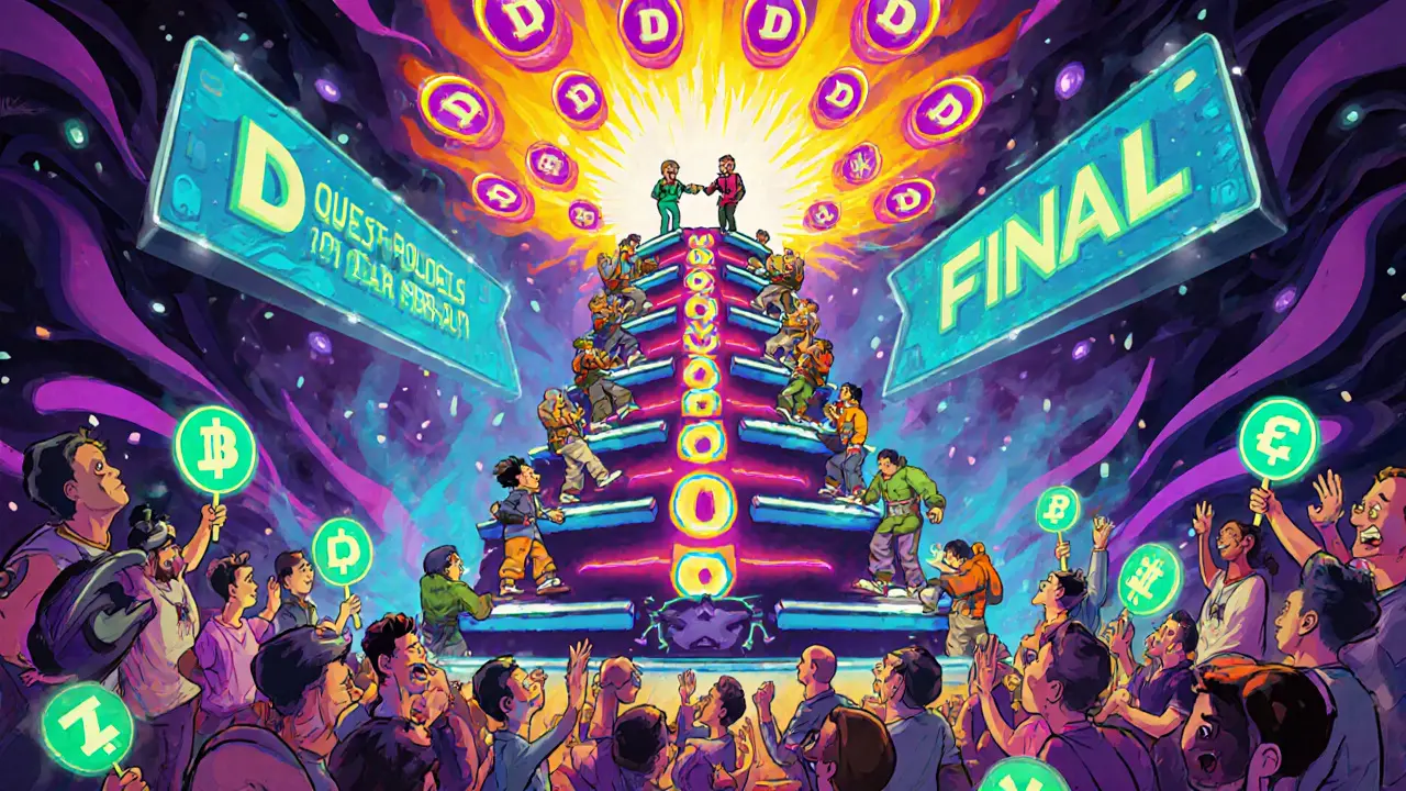 64 gamers climbing a Quest Points ladder to a grand final under a halo of D tokens.