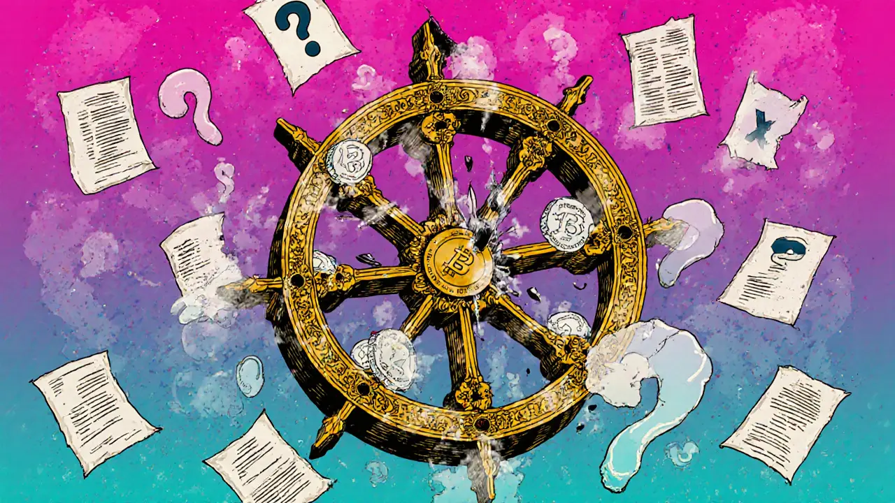 A broken governance wheel spins uselessly among ghostly question marks and dissolving whitepapers.