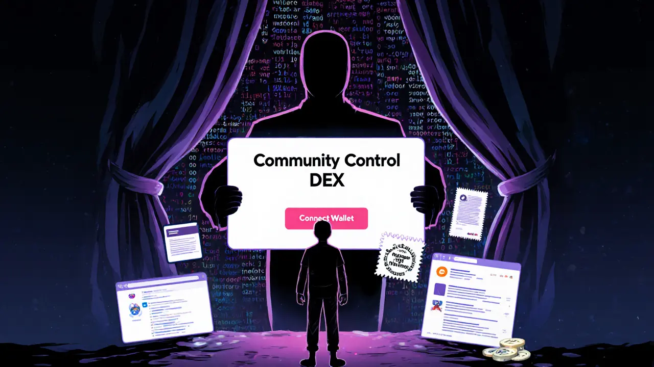 A faceless team hides behind code while a user faces a blank DEX interface in an empty digital space.