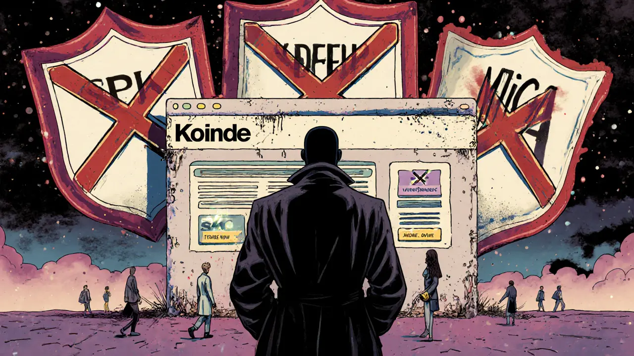 A shadowy figure in front of a crumbling Koinde website, with regulatory shields marked by red Xs and users walking away.