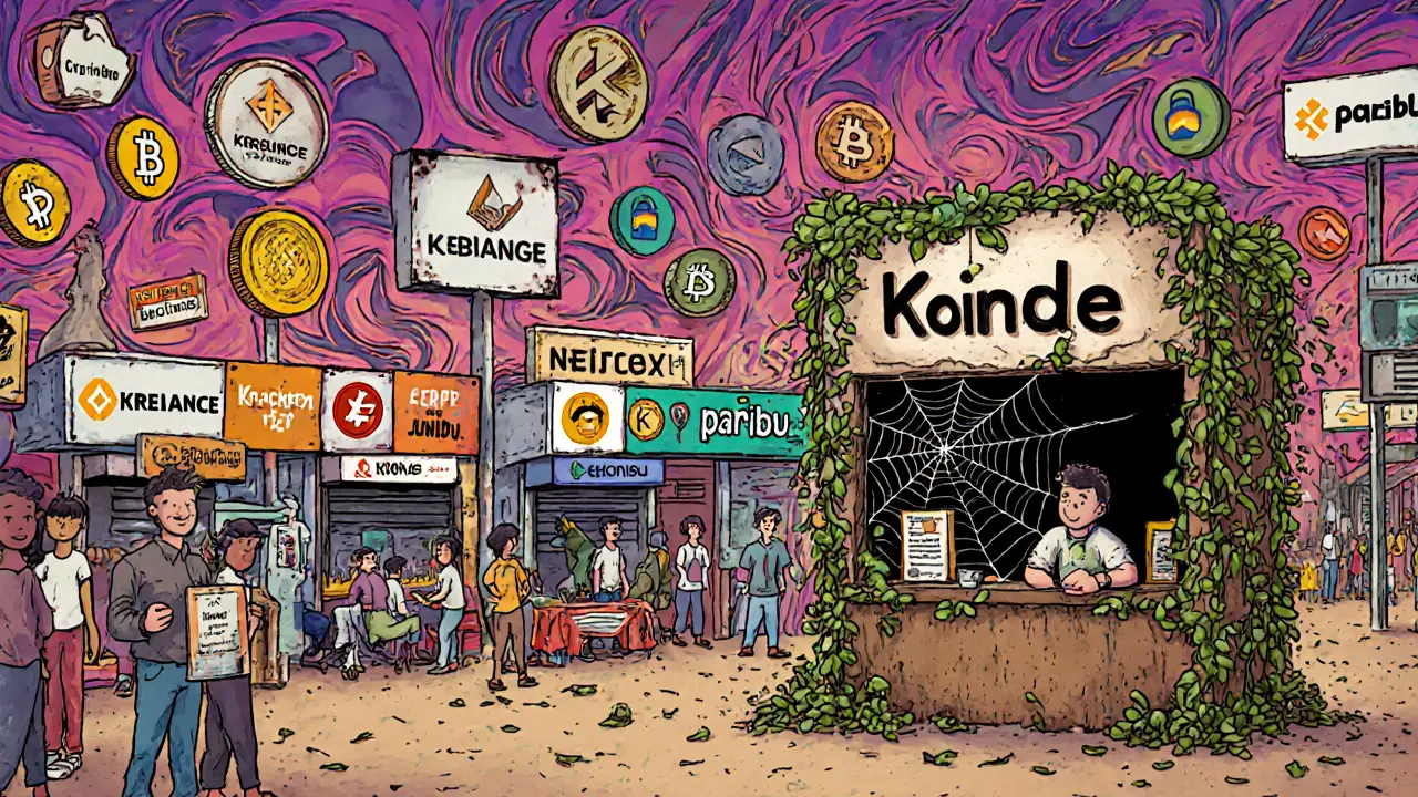 A vibrant crypto marketplace with trusted exchanges, while Koinde&#039;s tiny, overgrown booth stands empty and forgotten in the corner.