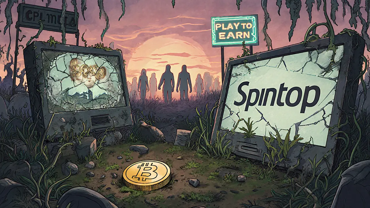 Abandoned Spintop logo in overgrown digital graveyard with single SPIN token on the ground