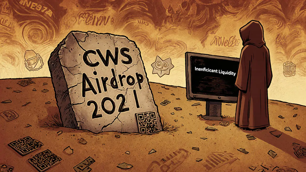 Ancient tablet with &#039;CWS Airdrop 2021&#039; carved in digital sand, surrounded by broken tech icons
