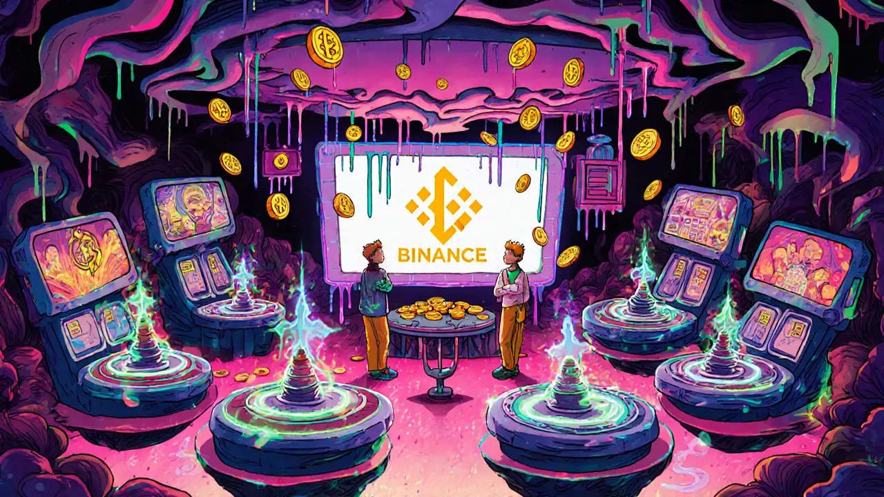 Floating Gamepedia arcade with spinning top game cabinets and guild members on leaderboards