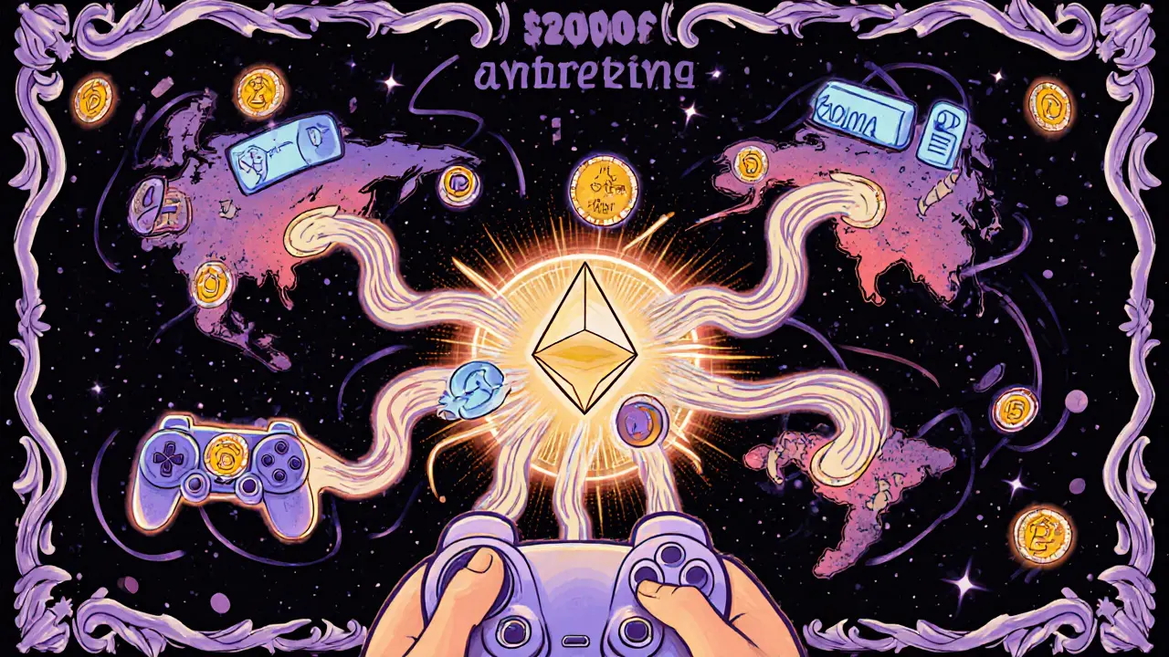 Interconnected game chains flowing into a central hub shaped like a hand holding a controller.