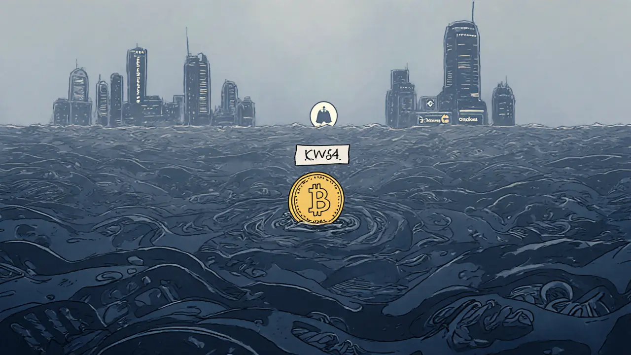 Lonely CWS token drifting in empty blockchain ocean, distant exchanges fading on horizon