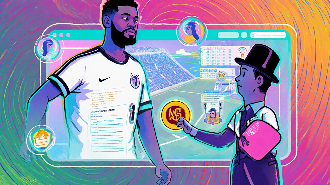 Player managing a digital soccer team with holographic stats and a scout handing over an MSU token.