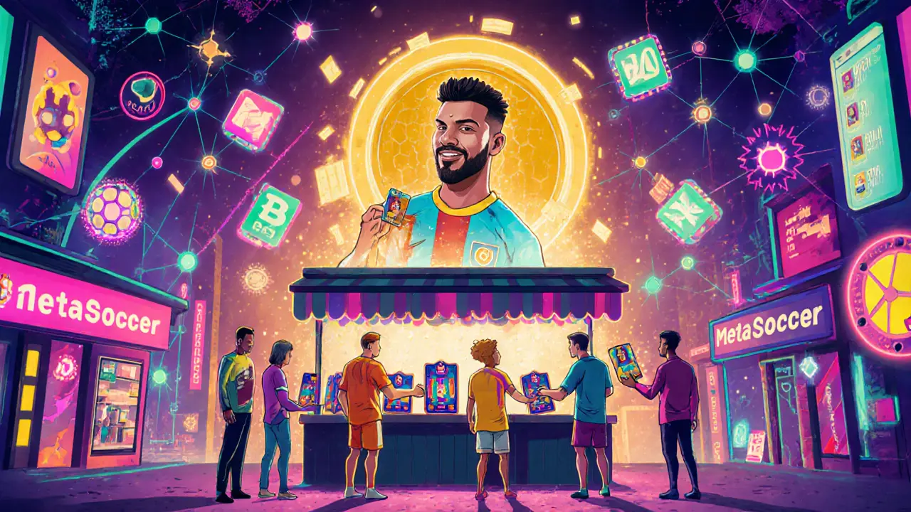 Players trading NFT soccer cards in a vibrant virtual city with a La Liga player emerging from a golden portal.