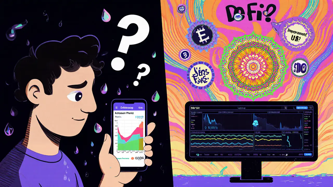 Split scene: confused beginner vs confident DeFi user with governance tokens and FAQs in psychedelic art style