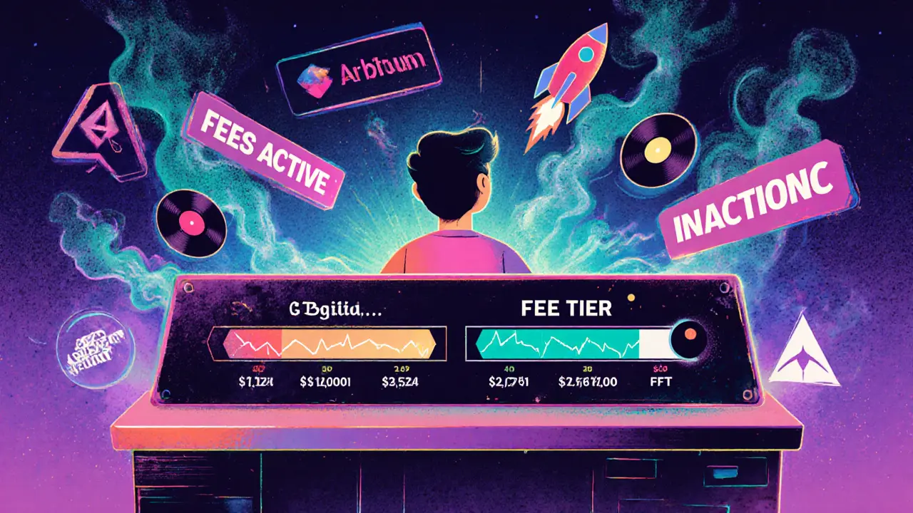 Trader adjusting price range sliders with active/inactive fee zones and NFT tokens floating in acid-wash colors