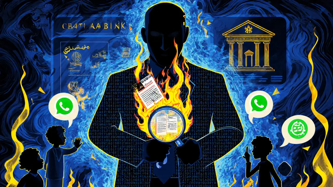 A compliance officer monitoring social media crypto posts, with religious and bank symbols merging in fractal patterns.