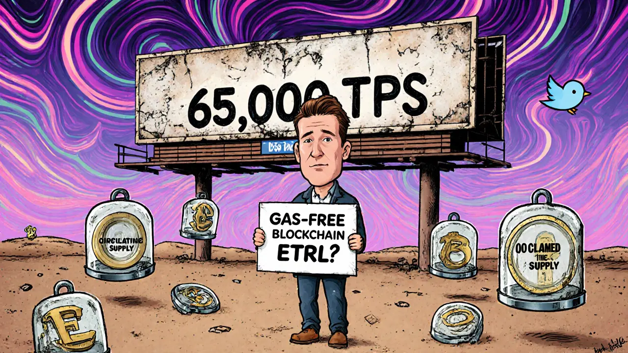 A confused investor stands in a barren digital wasteland surrounded by locked, unclaimed ETRL tokens.