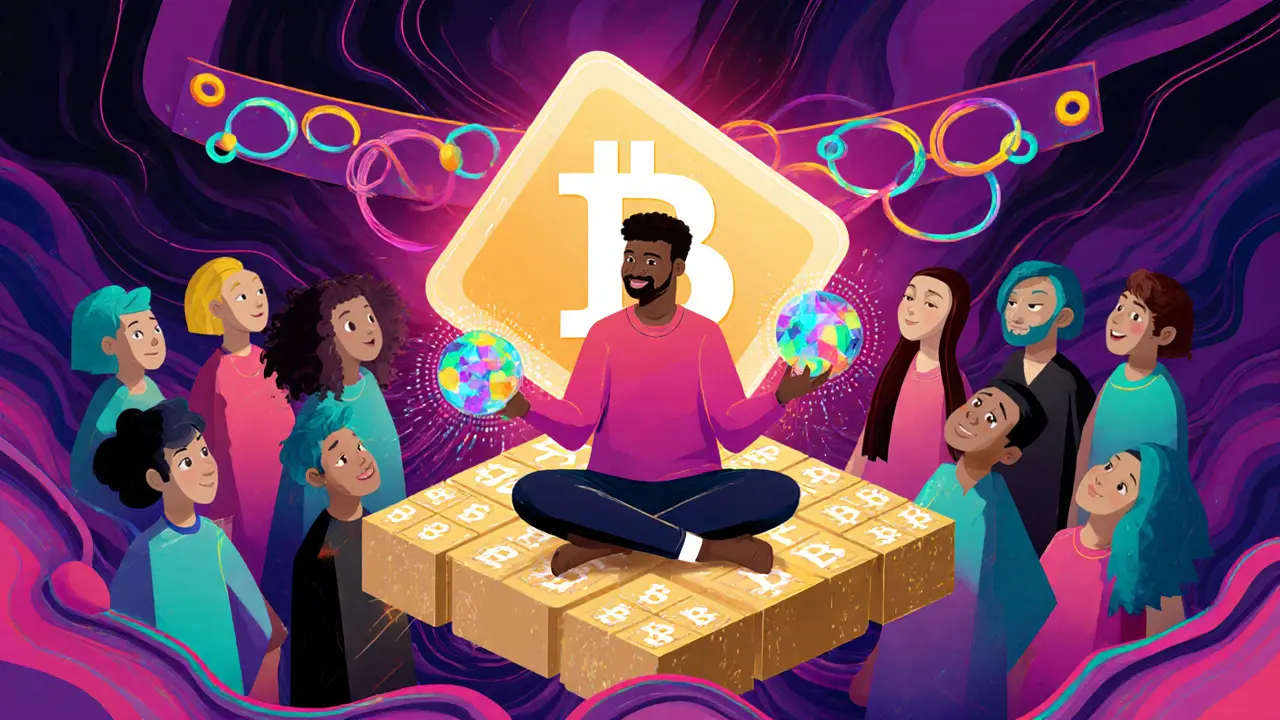 A creator receiving colorful crypto tips from abstract followers on a blockchain platform under a glowing diamond icon.