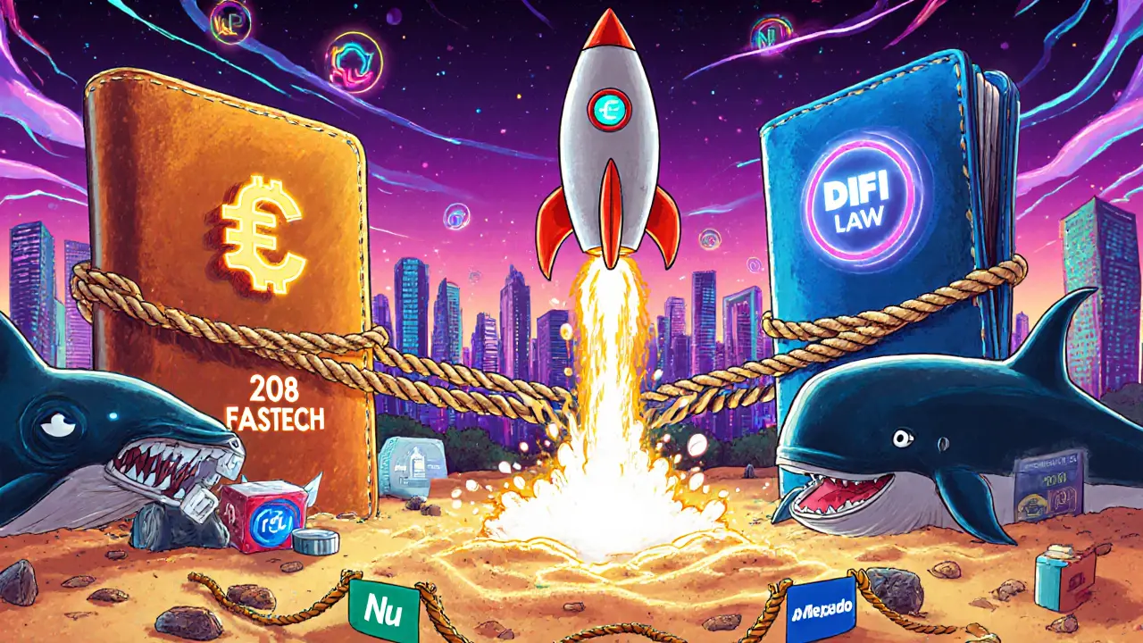 A futuristic Mexican city with chained crypto temples and a rocket launching from a fast-track sandbox.