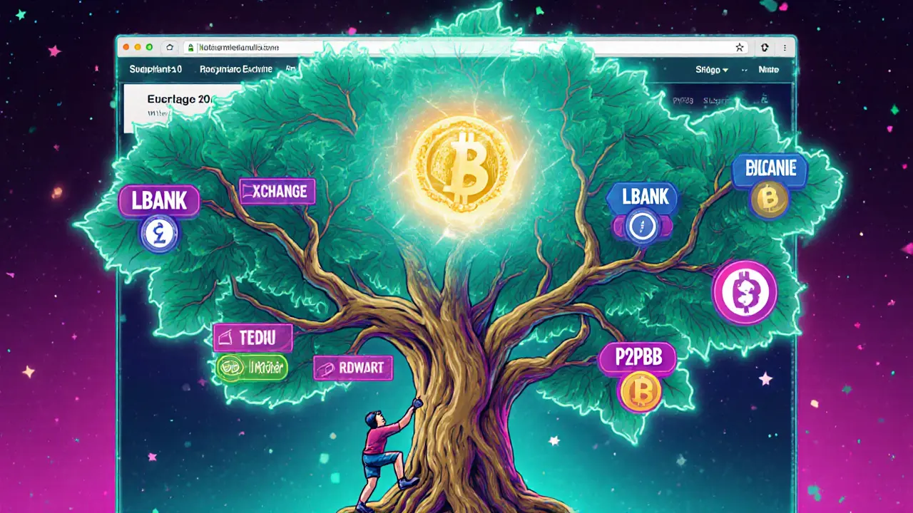 A glowing blockchain tree with exchanges as branches, a small figure climbing toward a reward