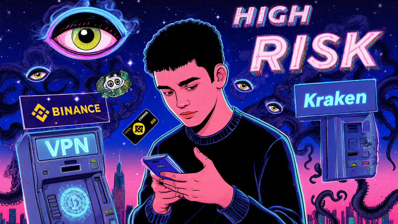 A man using a VPN to send crypto, surrounded by surveillance eyes and glowing exchange logos over Cairo.