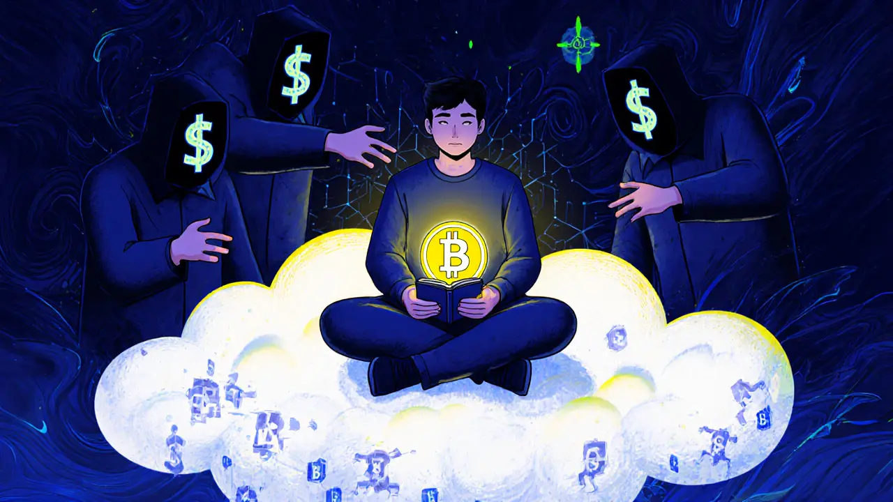 A person on a blockchain cloud receiving a glowing token while scammer shadows reach out