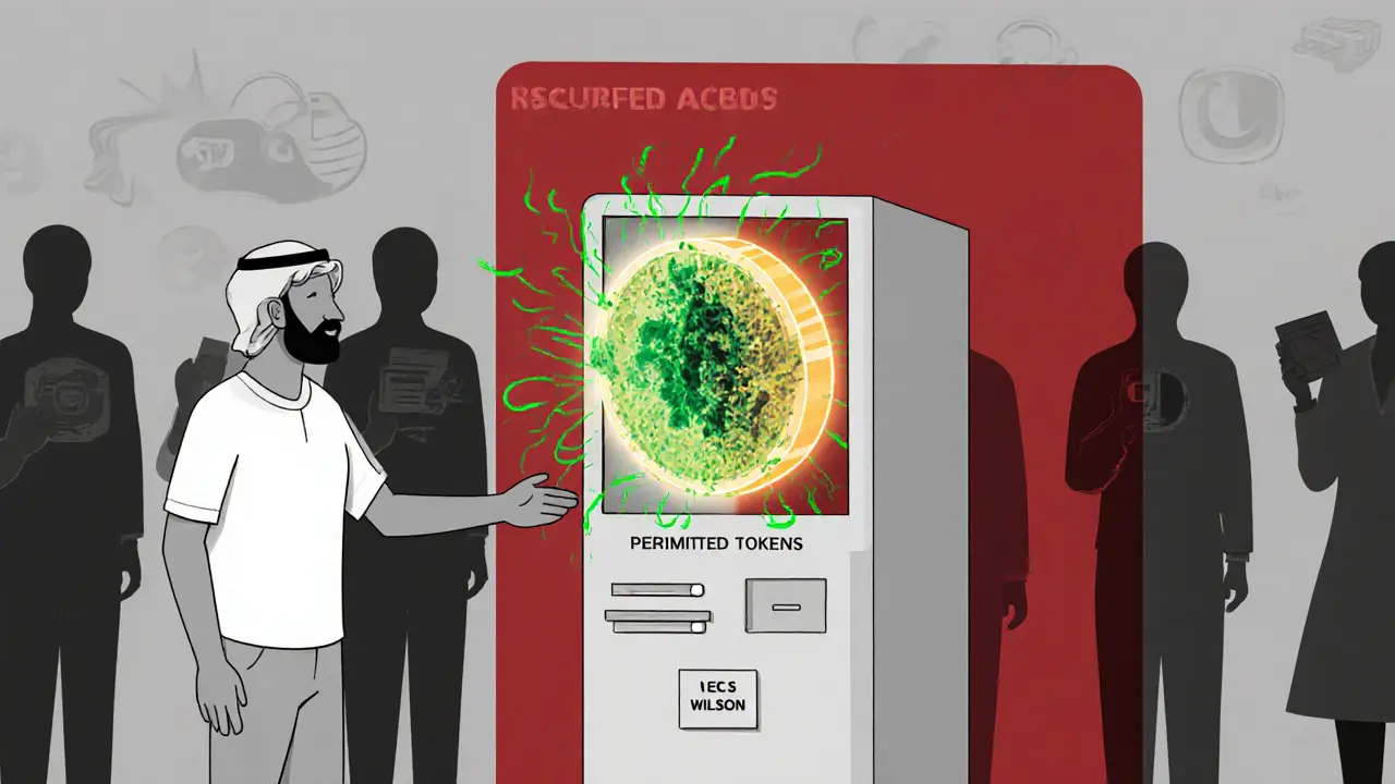 A person receives a digital property token at a government kiosk, while crypto icons are blocked by a red wall.