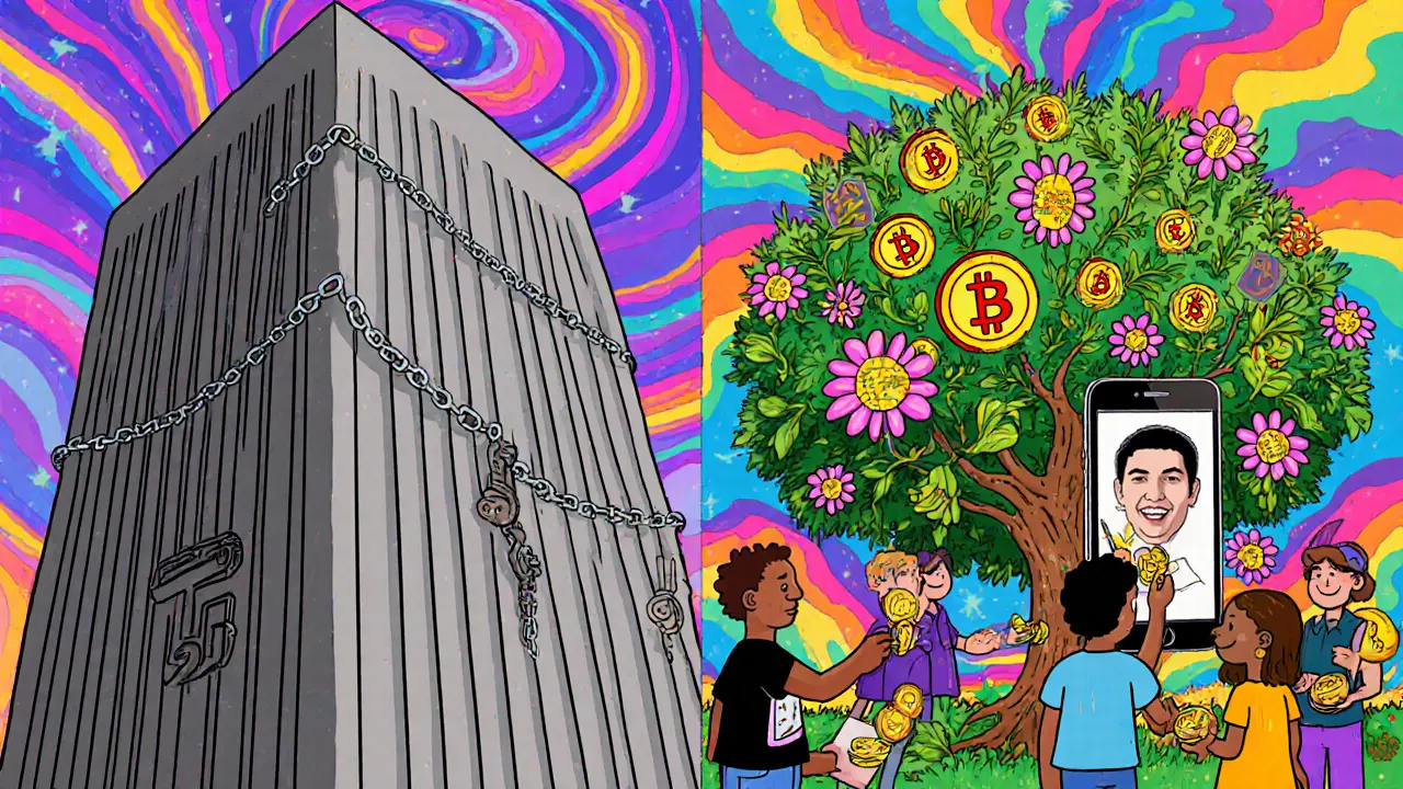 A split scene: a dull corporate tower vs. a vibrant garden of NFTs and tokens growing from a phone, in psychedelic style.