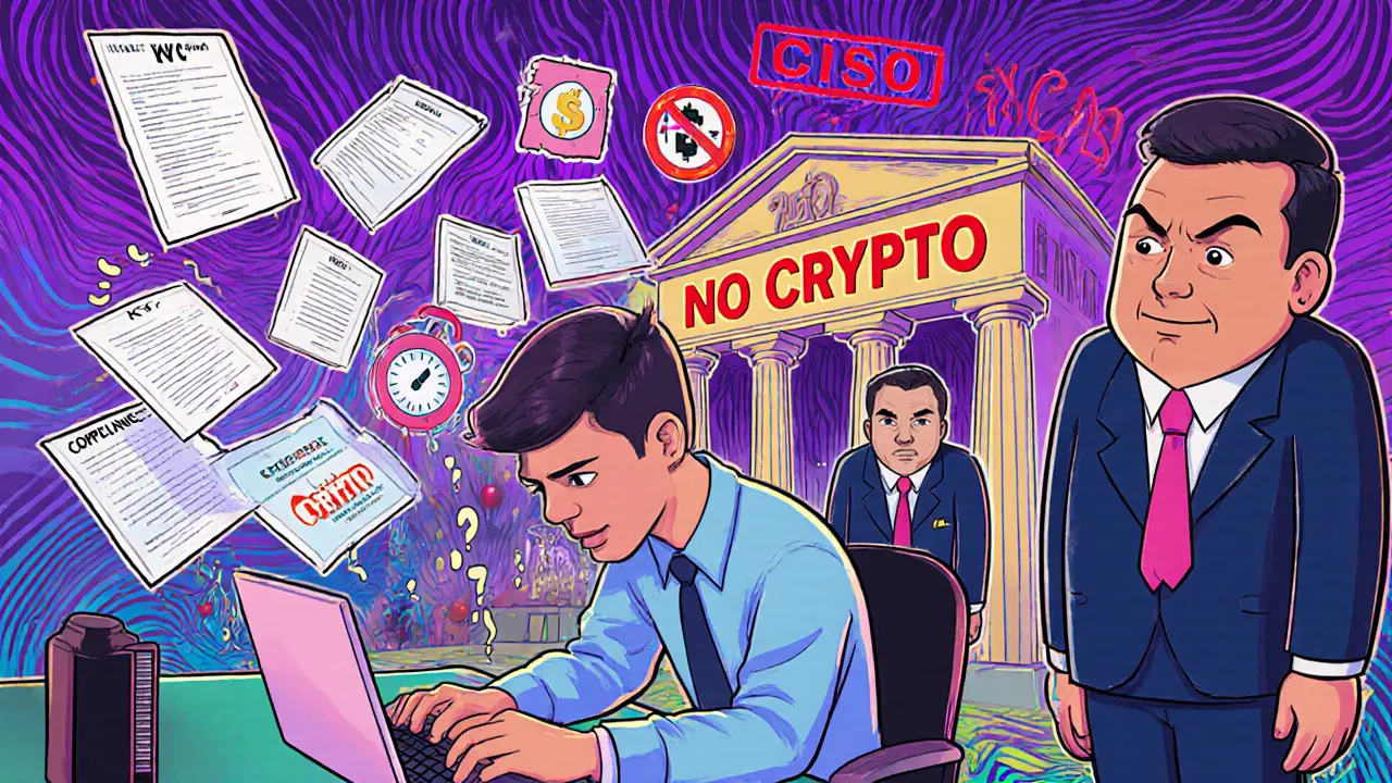 A startup worker overwhelmed by compliance icons and two large officer figures, with a banned bank in the background.