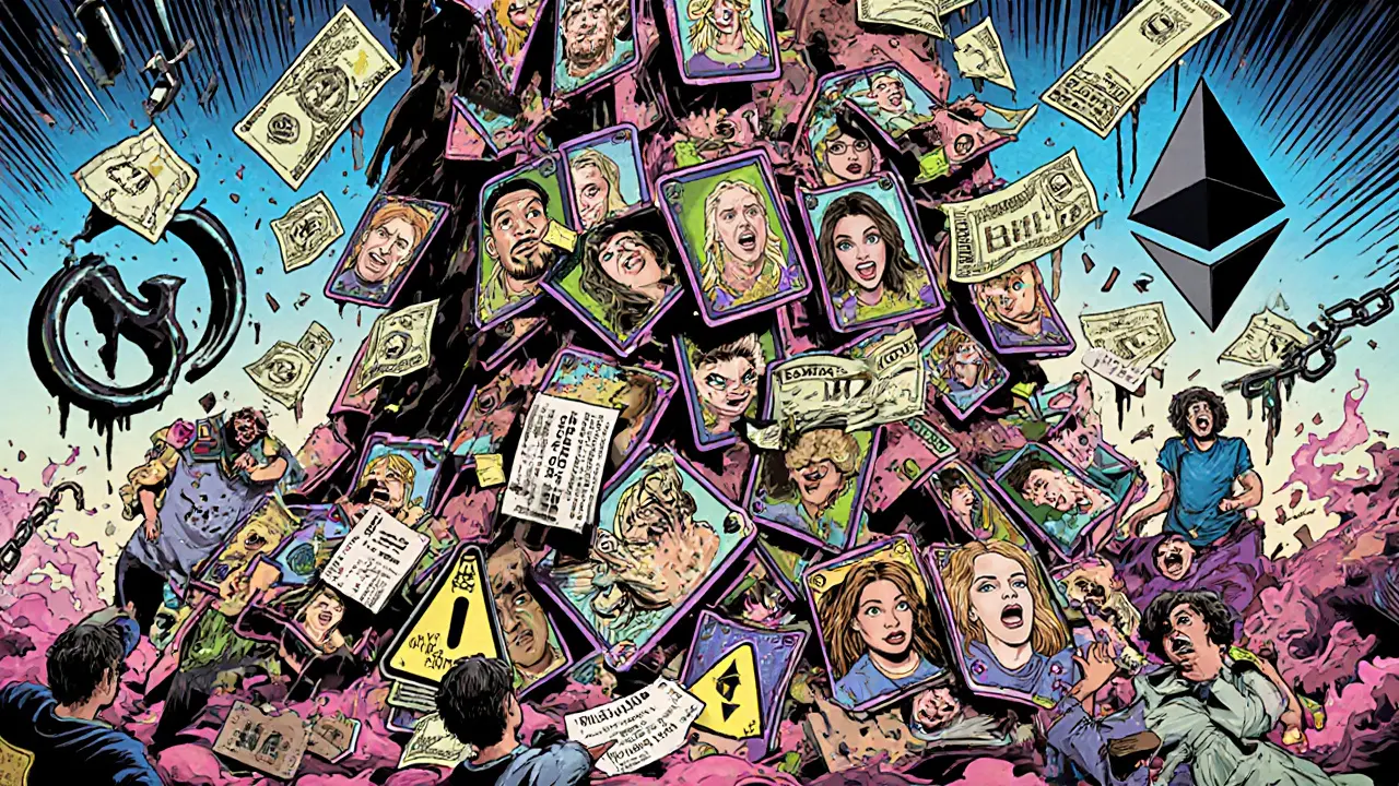 A towering NFT structure collapsing as celebrities and crypto symbols fall, surrounded by gas fees and environmental warnings.