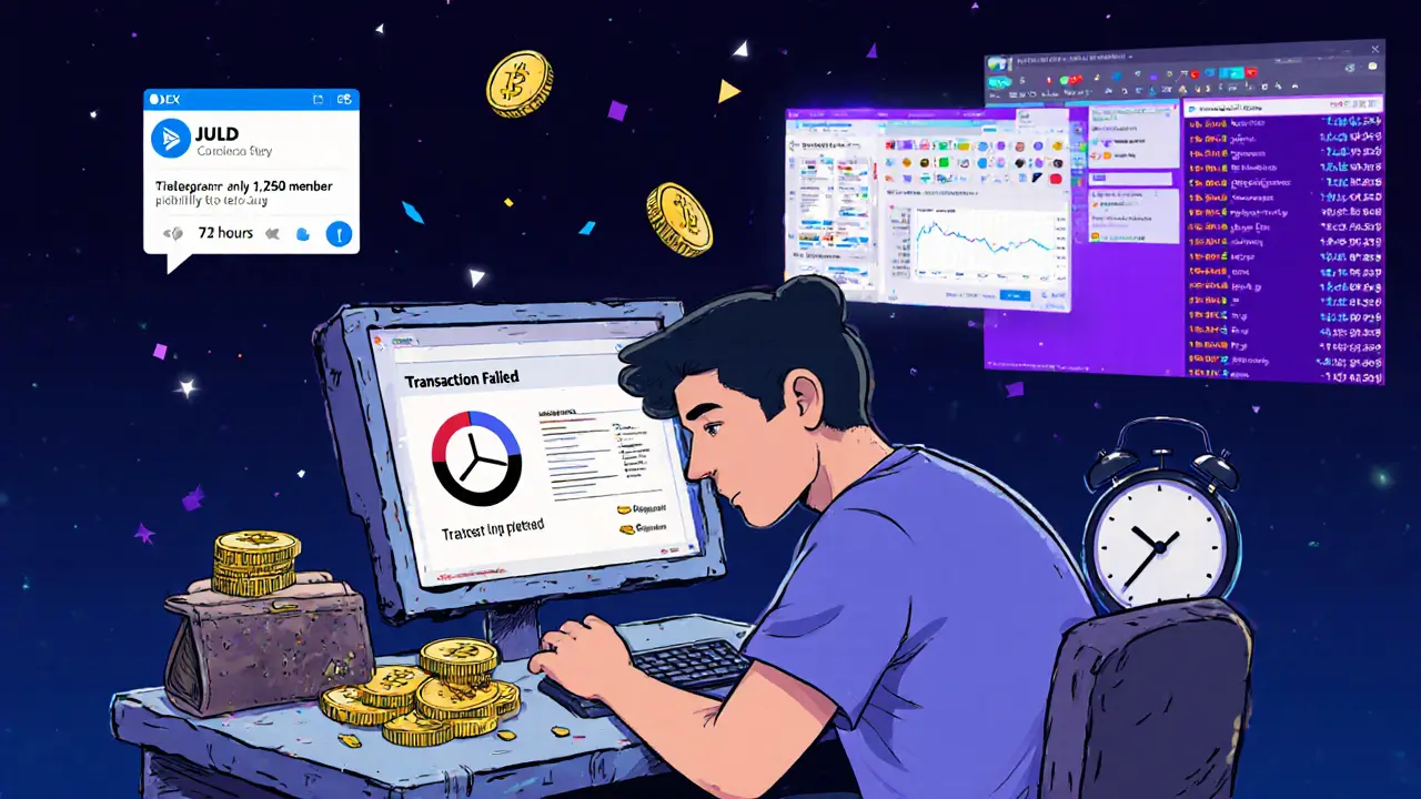 A trader facing failed transactions and ghostly JULD tokens, surrounded by slow clocks and a dying Telegram group.