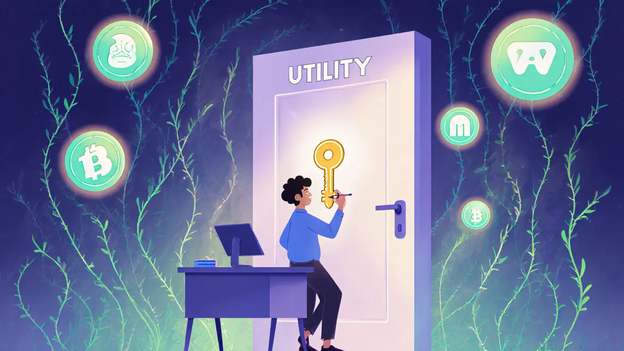 An artist creates a simple NFT that becomes a key unlocking utility symbols like gaming tokens and digital IDs in a calm, growing environment.