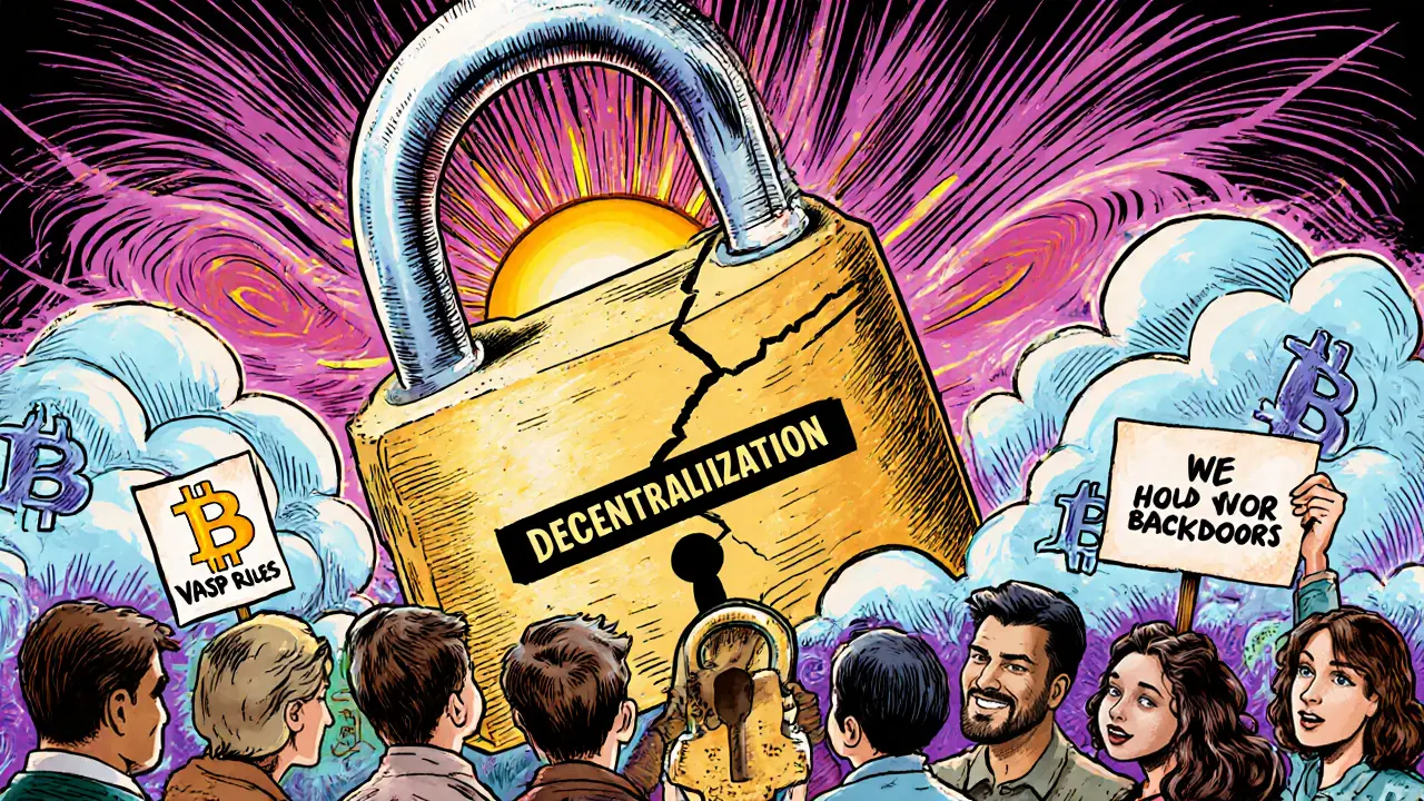Cracked padlock forced into a government keyhole, users holding signs for decentralization.