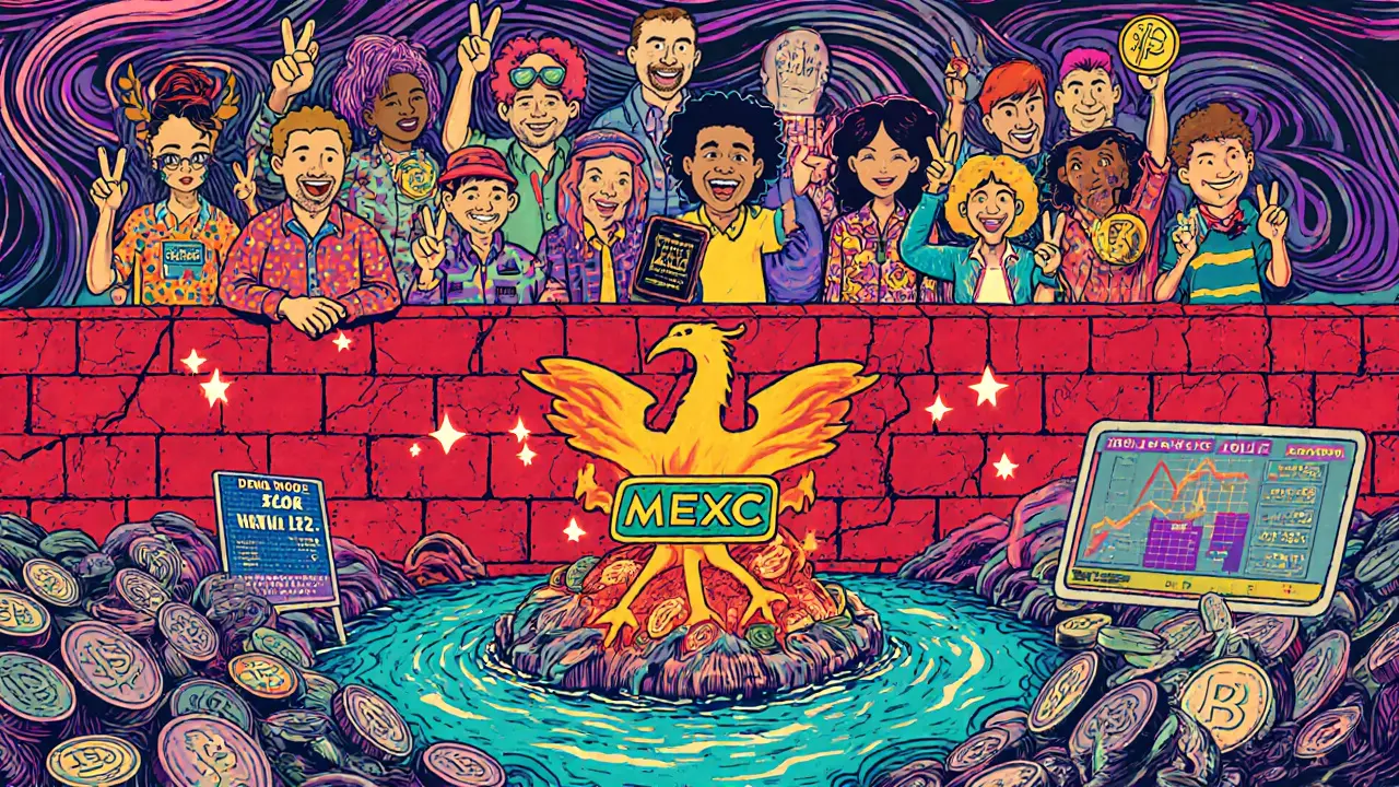 Global map showing MEXC access outside the U.S. with traders holding MX tokens in retro psychedelic poster style.