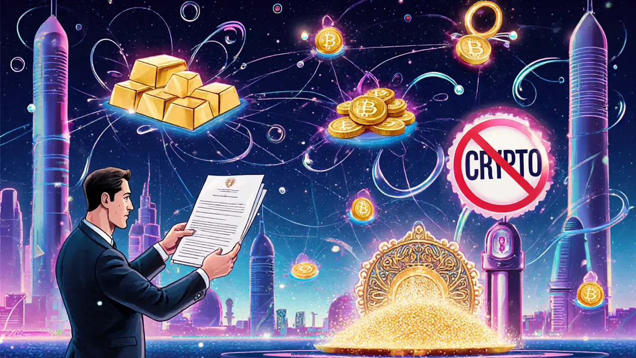 Holographic asset tokens float above a digital ledger as Bitcoin coins are crushed under a &#039;NO CRYPTO&#039; stamp.