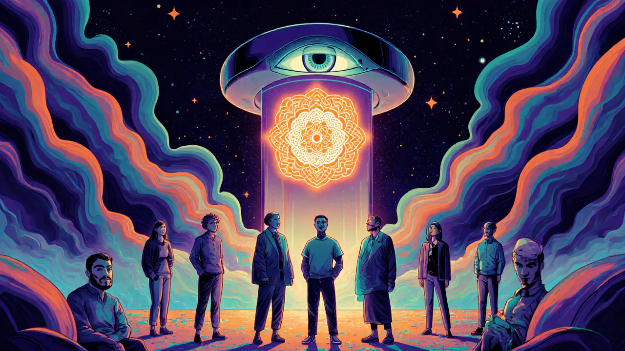 Iris-scanning device projecting a zero-knowledge proof mandala as Sybil nodes dissolve into smoke around diverse users.