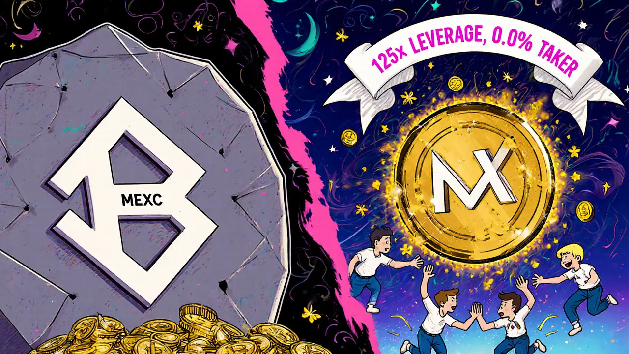 MEXC vs Binance trading interface battle with zero fees and MX tokens glowing in psychedelic art style.