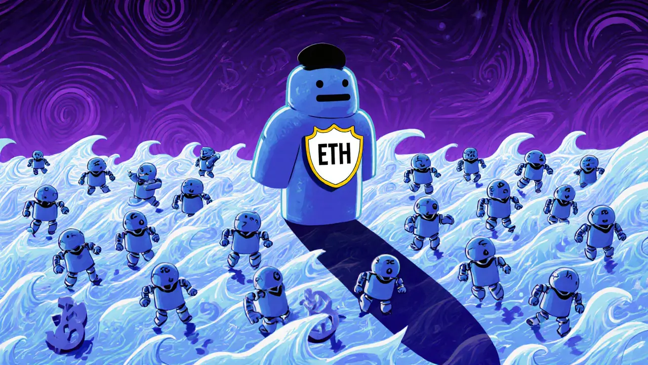 Single validator with 32 ETH shield resisting a wave of identical robot Sybil nodes in a surreal crypto ocean.